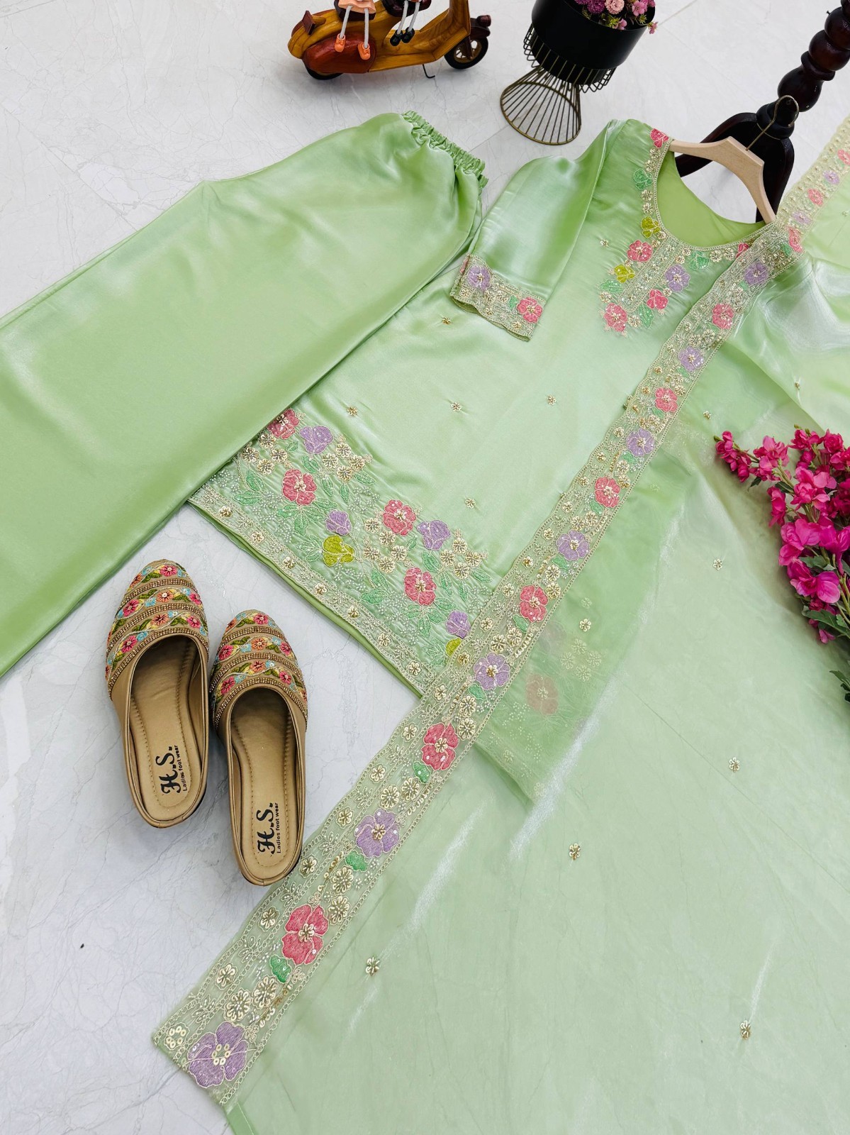 Stylish Look Heavy Silk Pista Green Top Palazzo With Dupatta For Wedding Wear