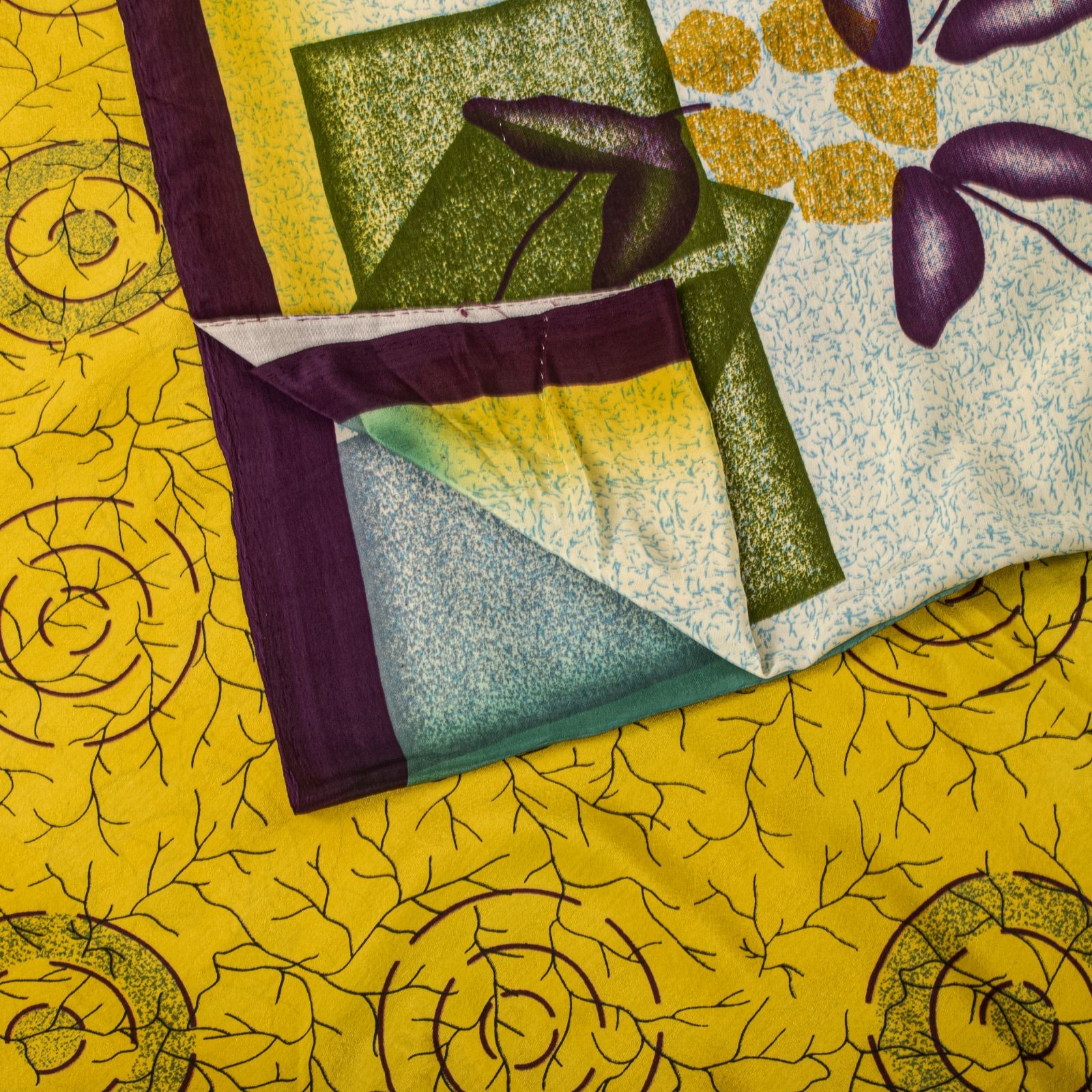 Sanskriti Vintage Yellow Moss Crepe Saree Floral Print Craft Fabric 5+ Yard Sari