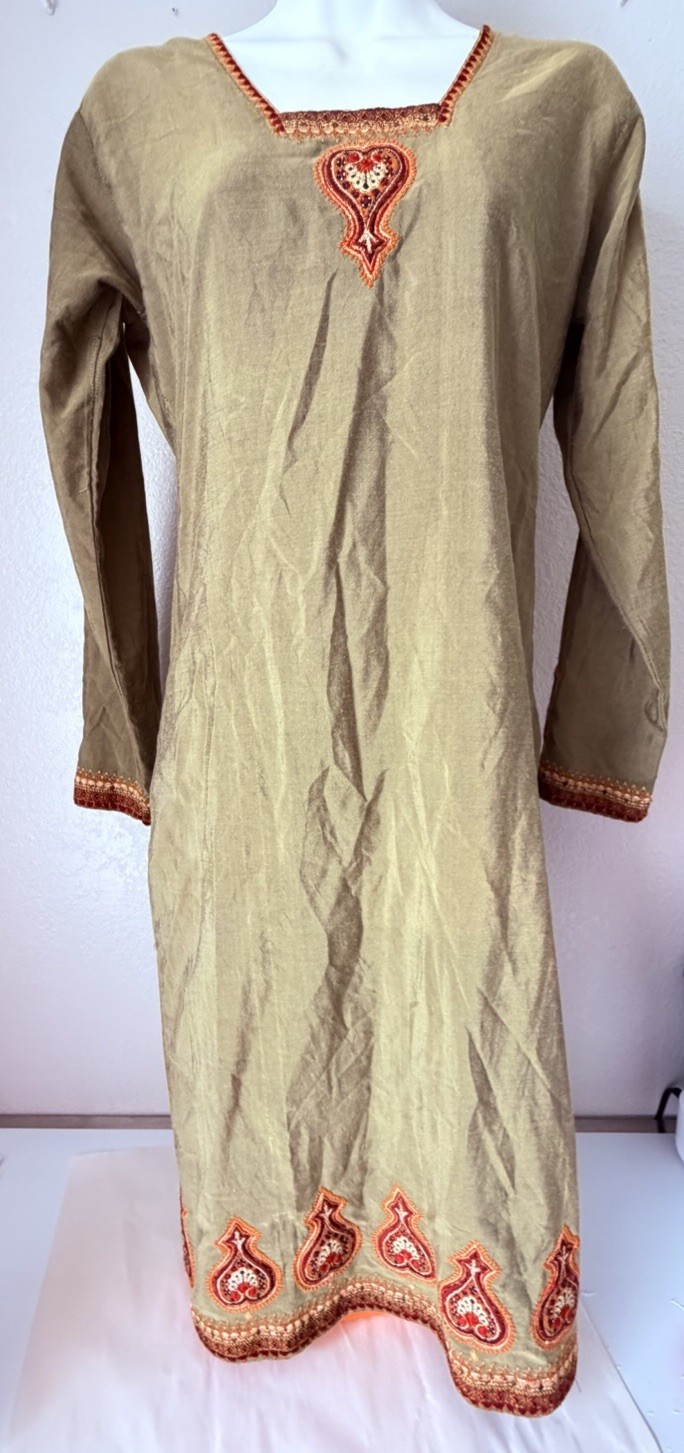 Unbranded Olive Green Tunic Dress Size Small Embroidered Indian Kurti Boho Top