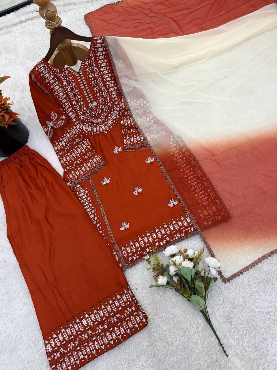 Stunning Rayon Cotton Orange Salwar Kameez With Dupatta For Festival Wear