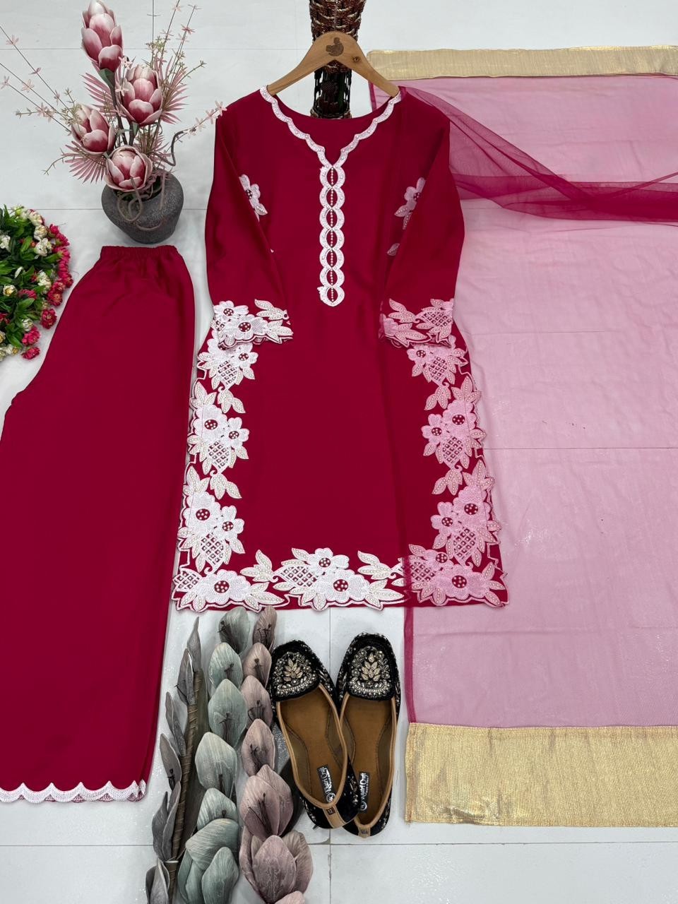 Latest New Heavy Natural Silk Pink Top Palazzo With Dupatta For Wedding Wear