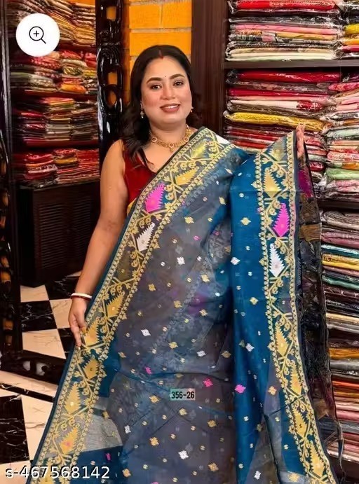 Traditional Bengali Handmade Jamdani Saree With Unstitched Bloused Wedding Wear