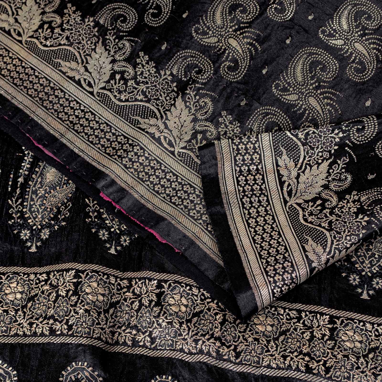 Sanskriti Vintage Black Pure Satin Sarees Banarasi Brocade Zari Hand-Woven 5 Yd