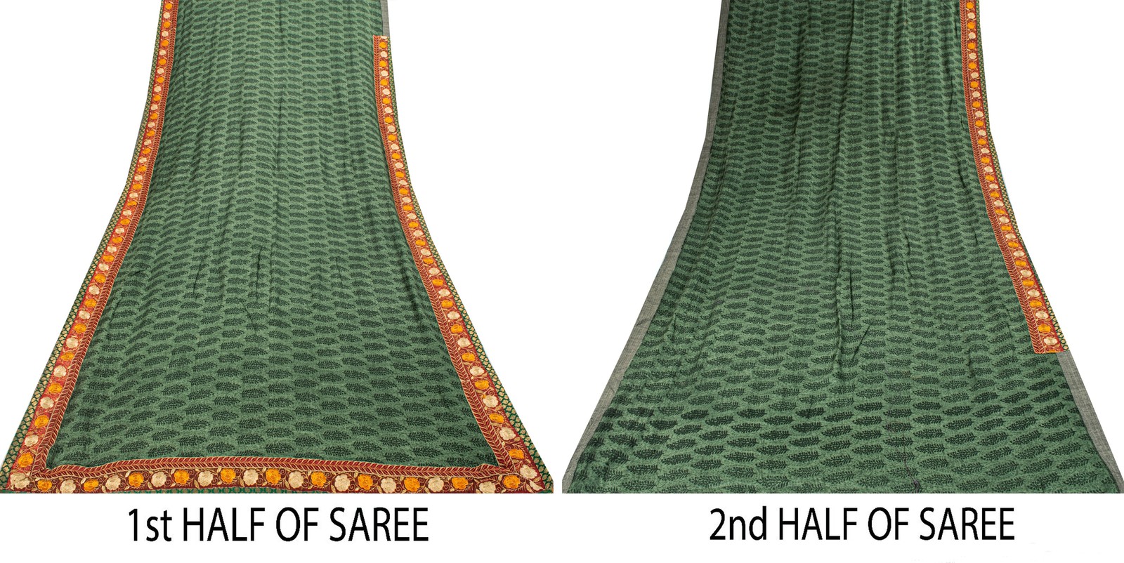 Sanskriti Vintage Soft Green Pure Woolen Saree Block Print Embroidered Sari 6+Yd