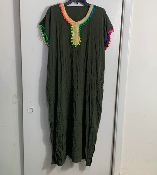 Moroccan Kaftan Caftan Rainbow Pompoms Olive Green Gold Womens One Size