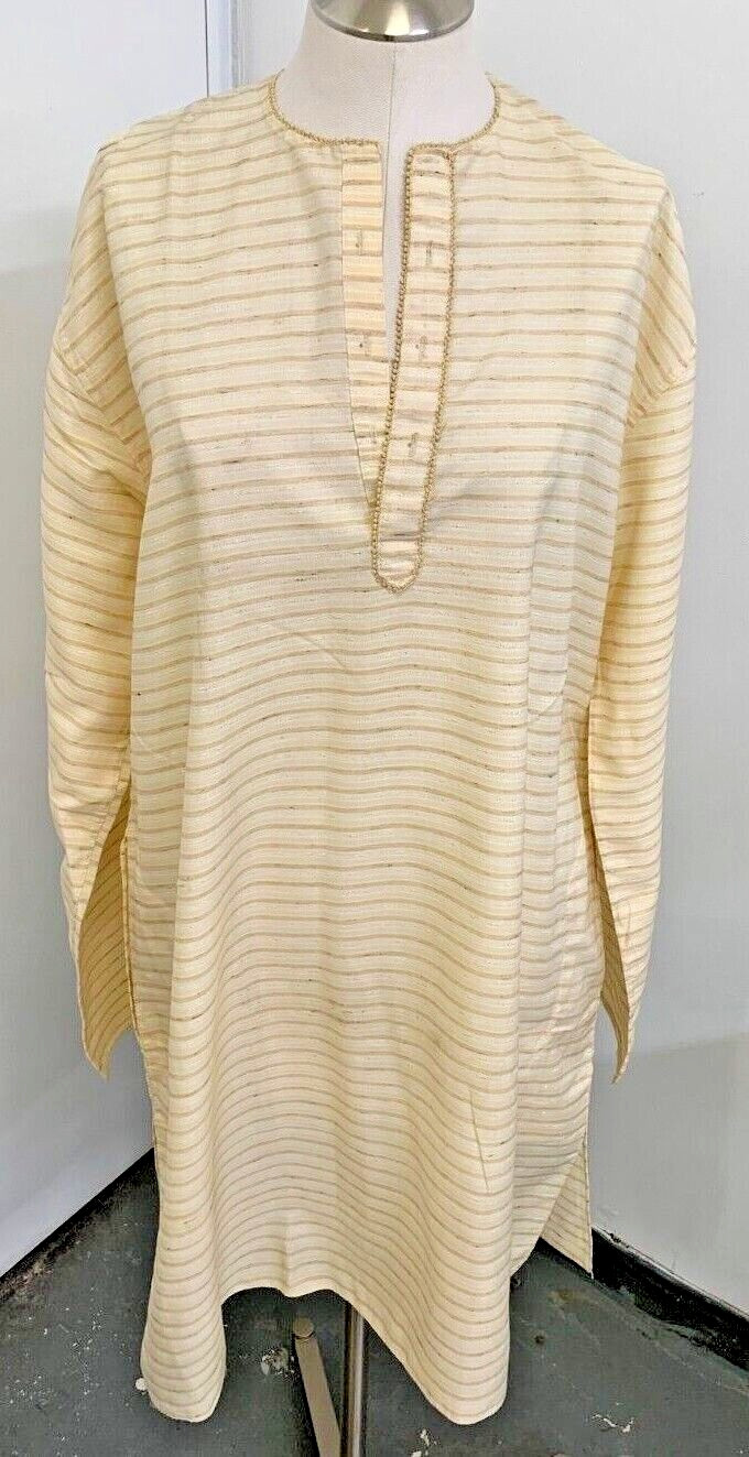 New Men Kurta Pajama Set Large 2 Piece Cotton India Stripe Pockets Organic Beige