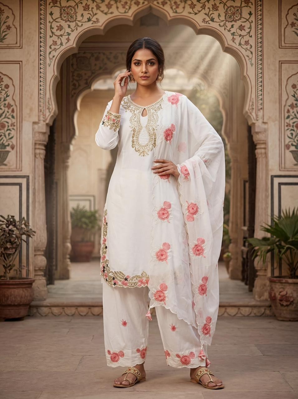 White color embroidered 3-Piece Suit Set for Women | Stylish Kurta