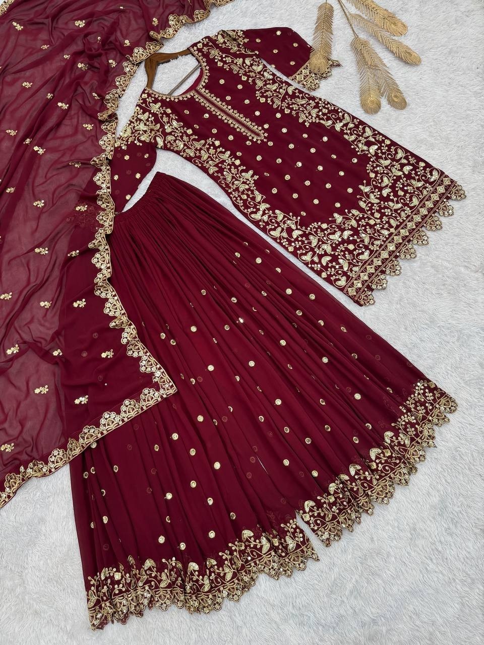 New Designer Faux Georgette Maroon Palazzo Suit With Dupatta For Function