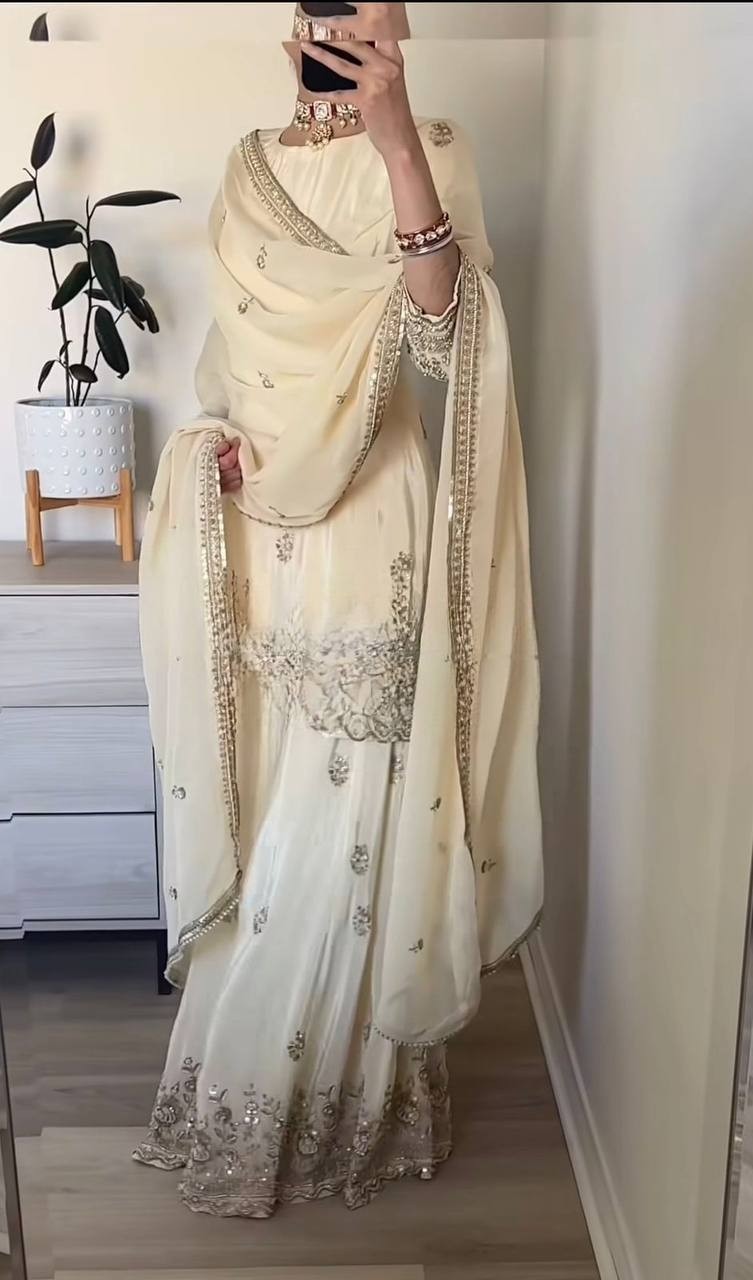 Designer Natural Crep Silk Cream Top Palazzo With Dupatta For Reception Wear