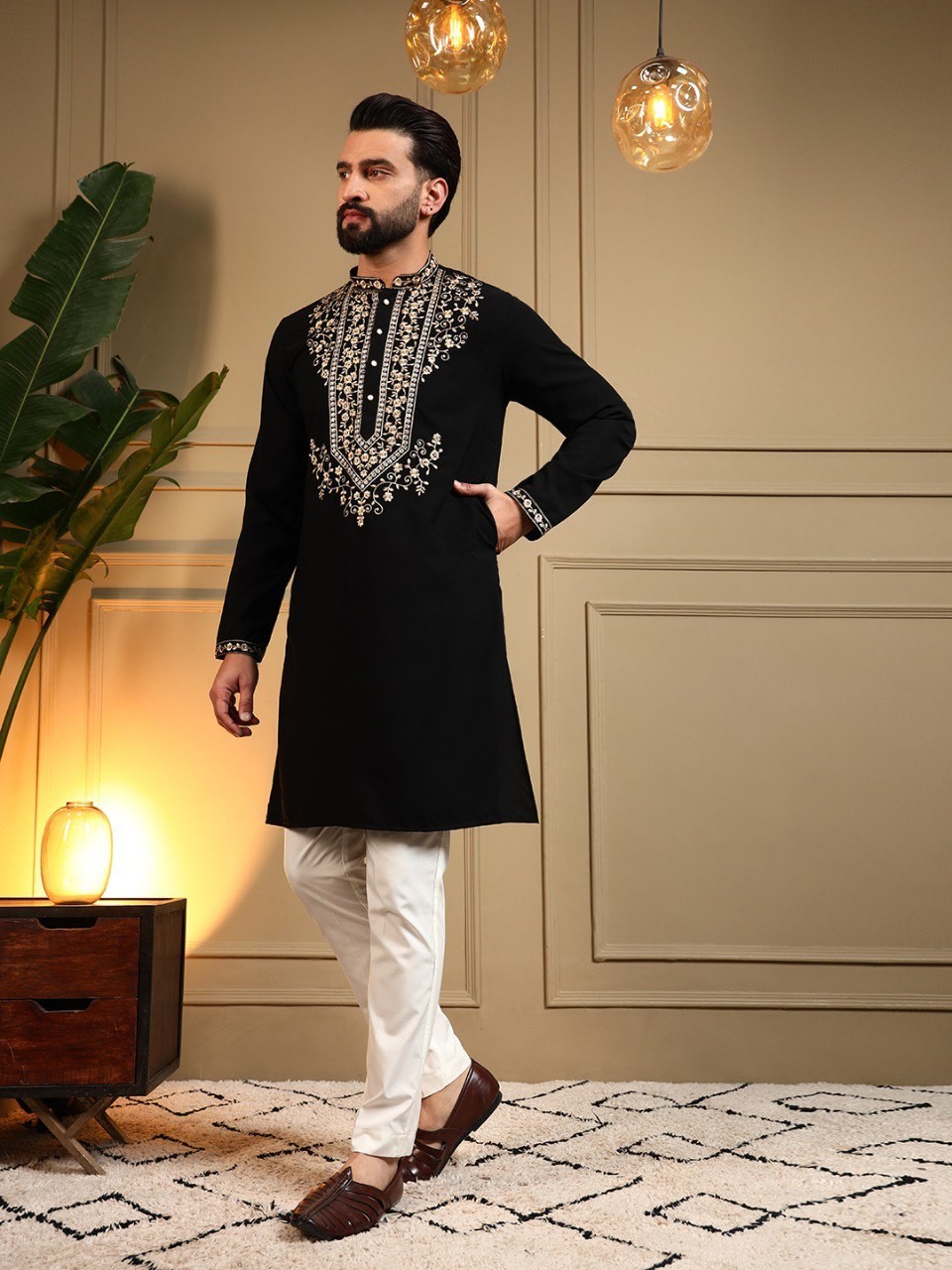 Elegant Men’s Embroidered Kurta Pajama Set – Perfect for Wedding & Festive Wear