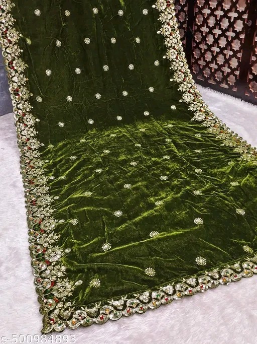Green Heavy Embroidery Velvet Dupatta For Bride And Women 2.3 Mtr