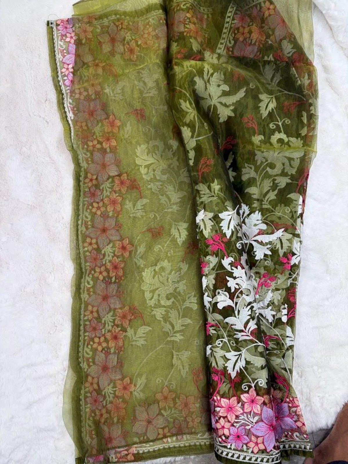 Organza Muslin Embroidery Saree – Elegant Floral Work, Soft Lightweight