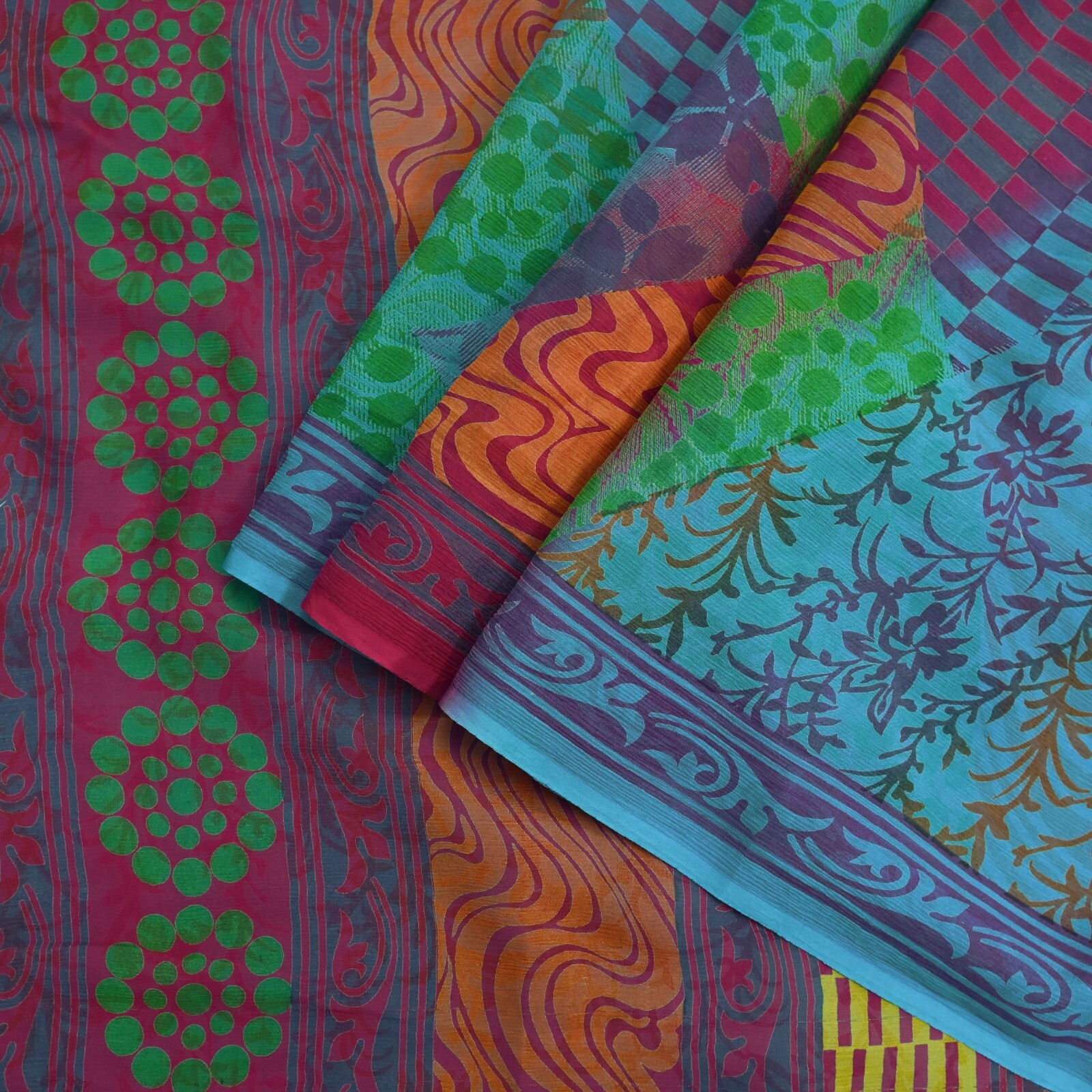 Indian Vintage Sari Blue & Purple Pure Chiffon Silk Printed Sarees Craft Fabric