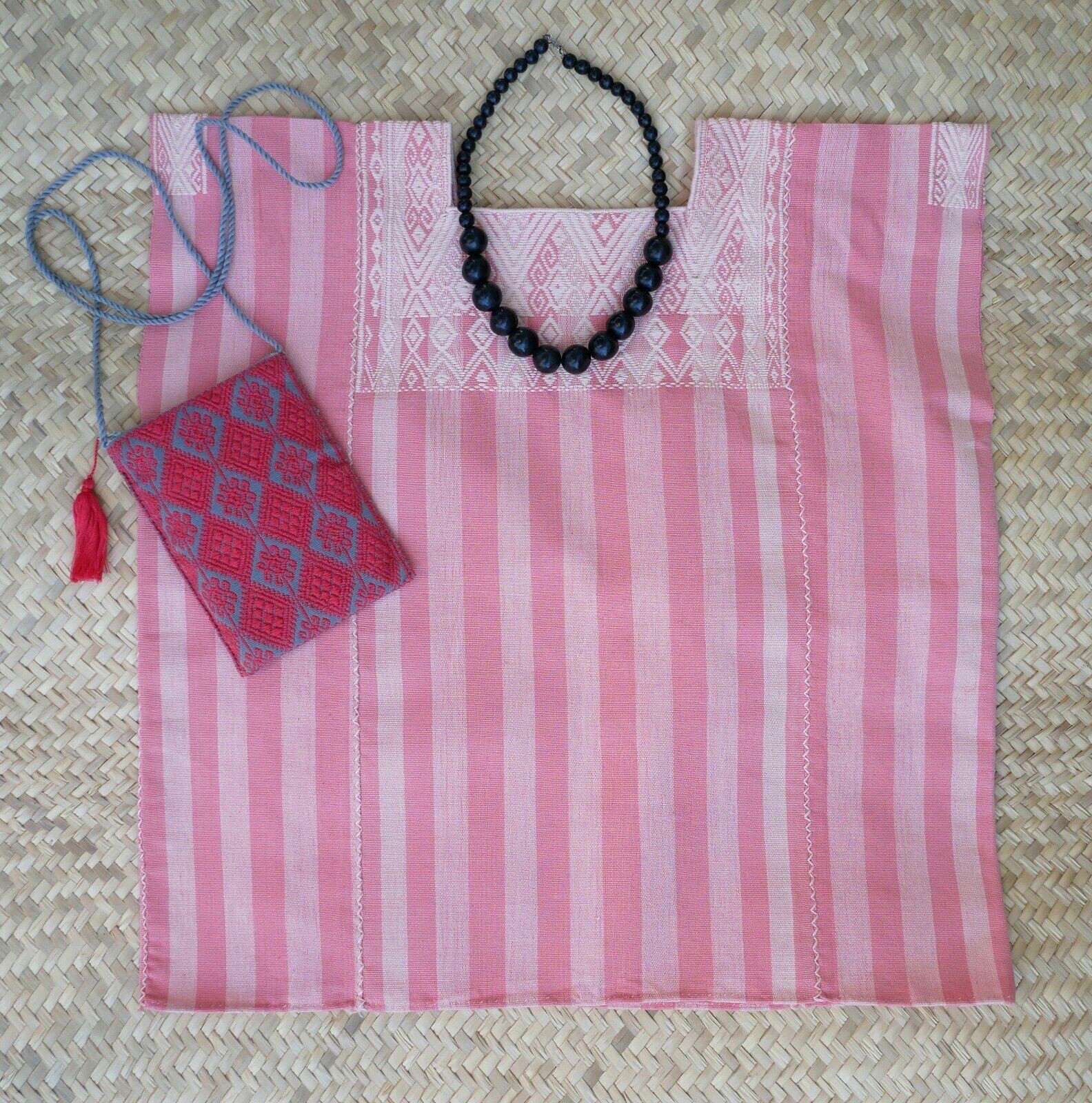 Huipil Top Mayan Two Tone Peach Stripe Handwoven Backstrap Loom Chiapas Mexico