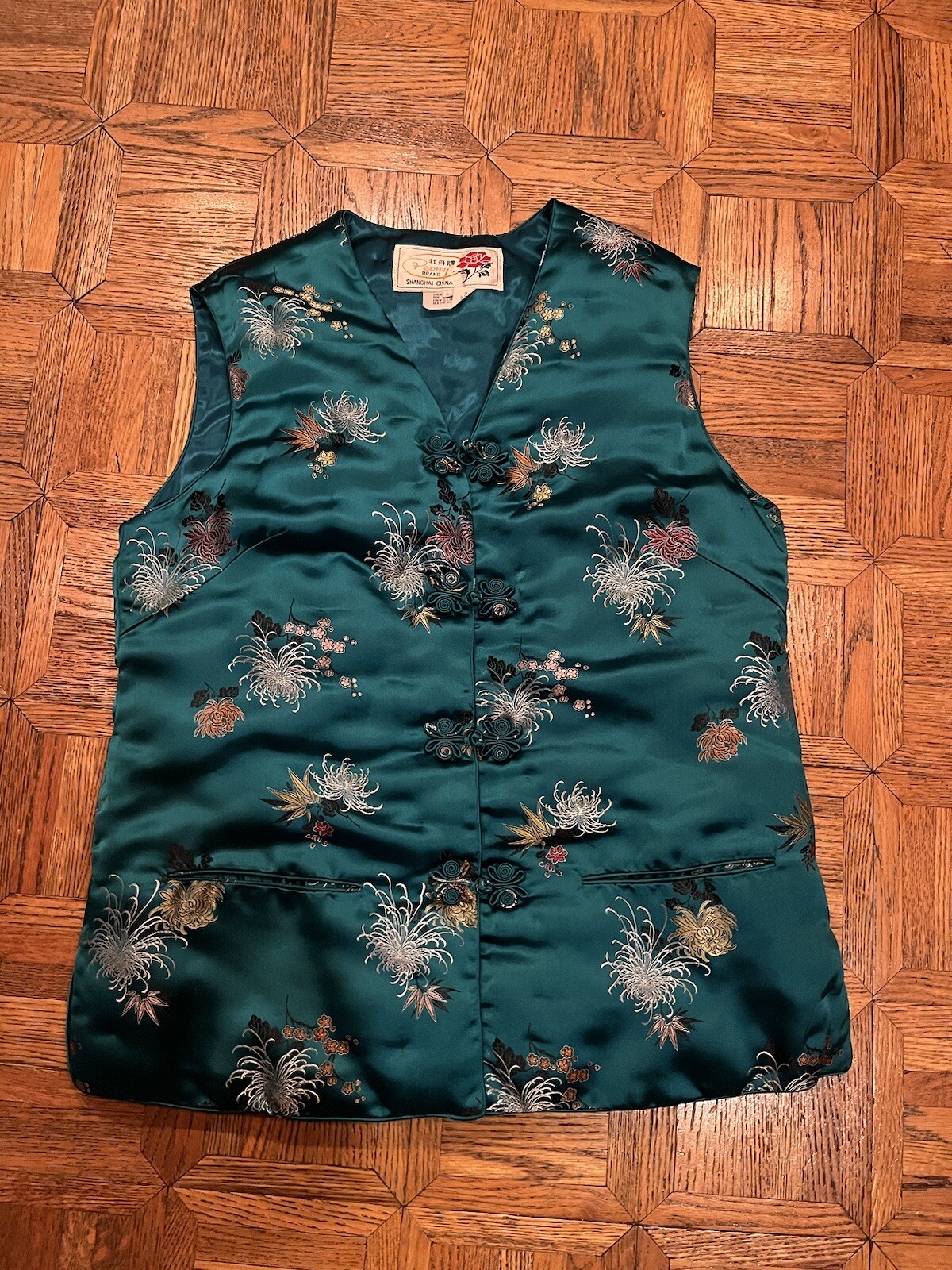 Vintage Peony Brand Shanghai China Green Floral Padded Vest