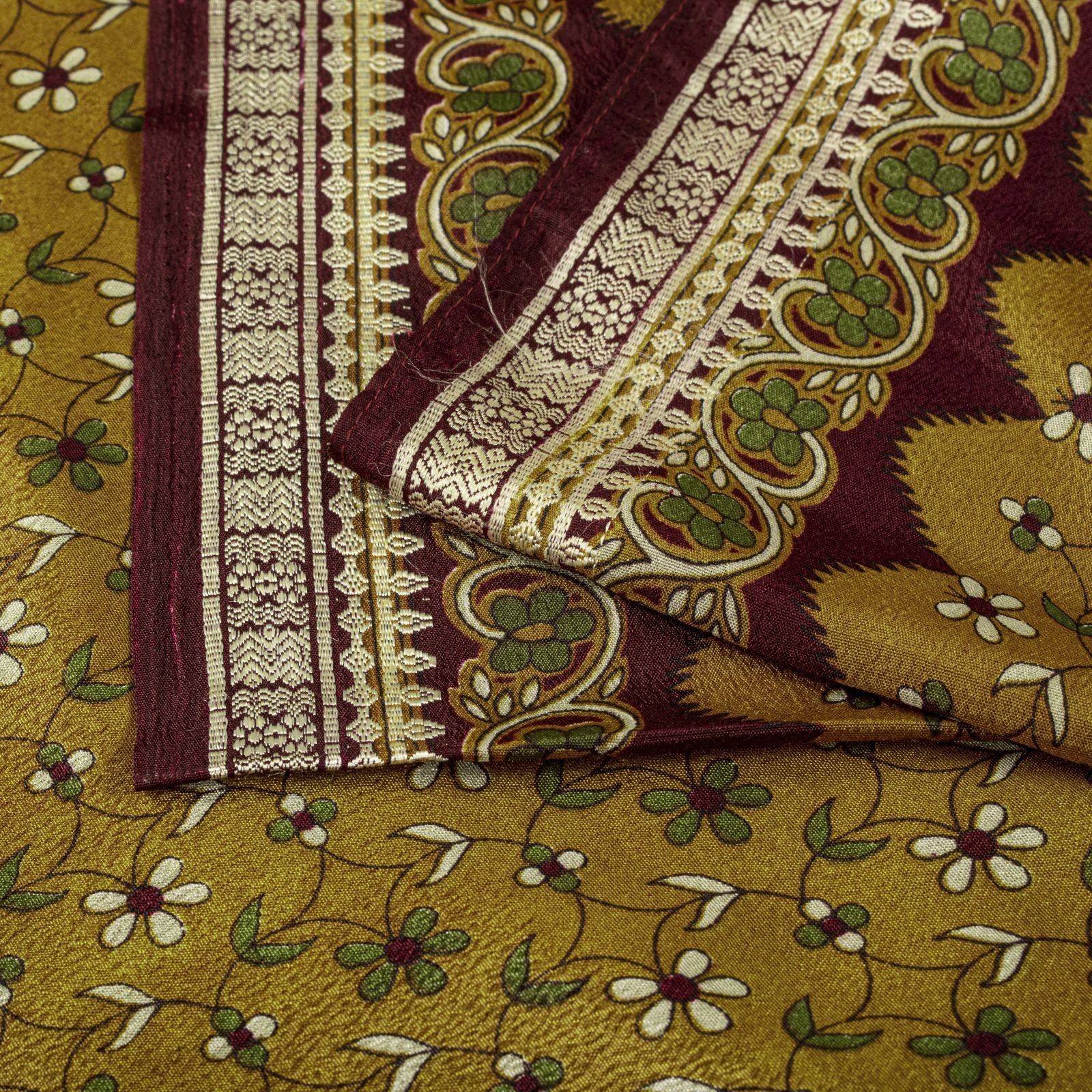 Sanskriti Vintage Yellow Moss Crepe Saree Floral Print Fabric 5+Yard Craft Sari