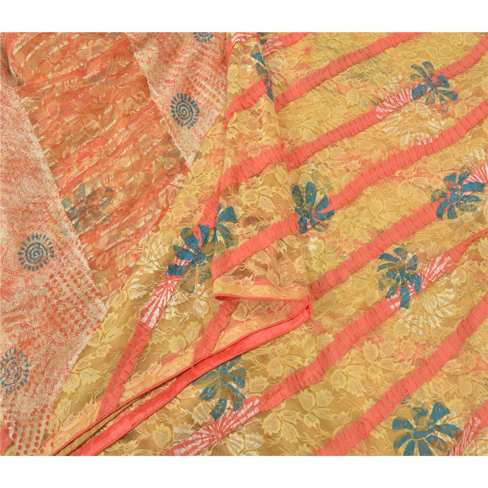 Sanskriti Vintage Cream Sarees Net Mesh Embroidered Woven Premium Sari Fabric