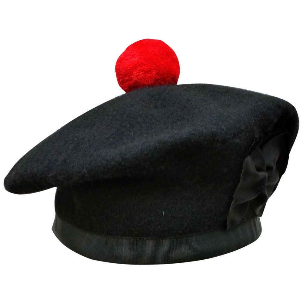 New Scottish Black Wool Blended Balmoral plain & Dice Hat With Red Pompom on Top
