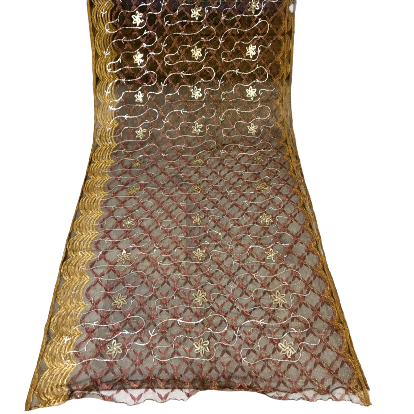 Net Designer Saree Indian Women Wrap Dress Used Brown Vintage Embroidered Sari