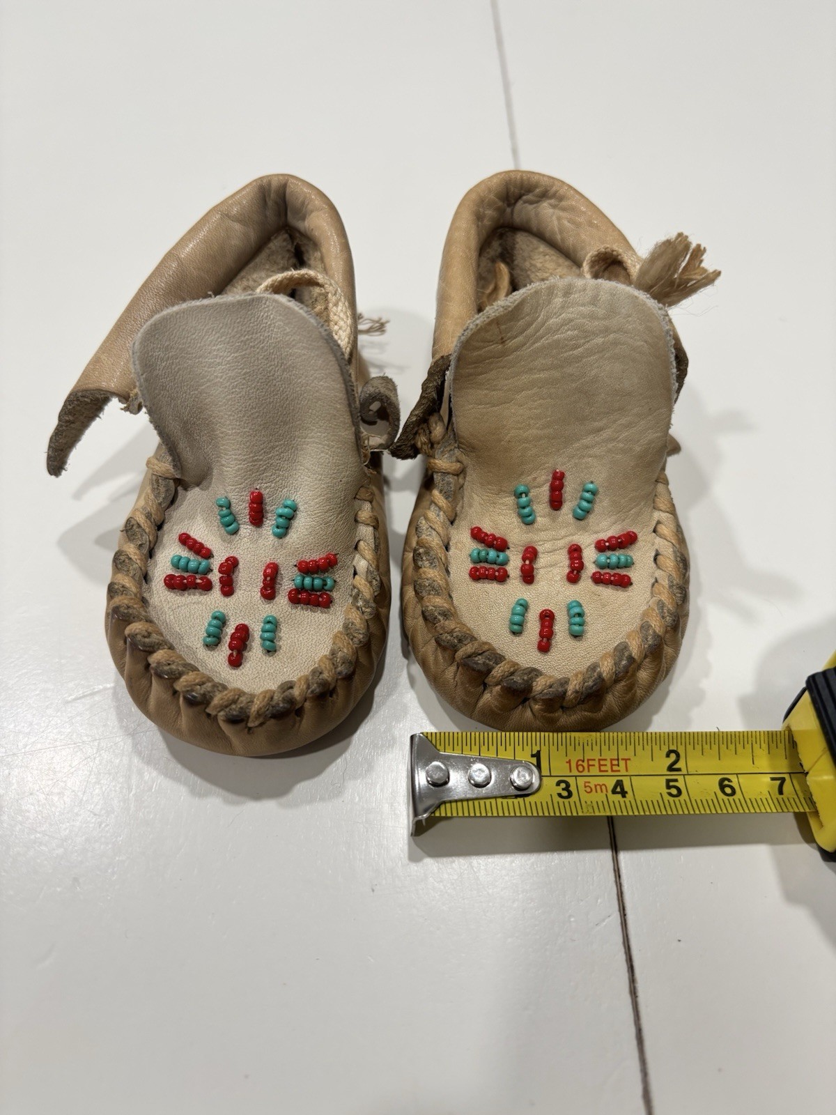 Vintage Handmade Beaded Leather Infant Baby Moccasins / Possible Doll Moccasins