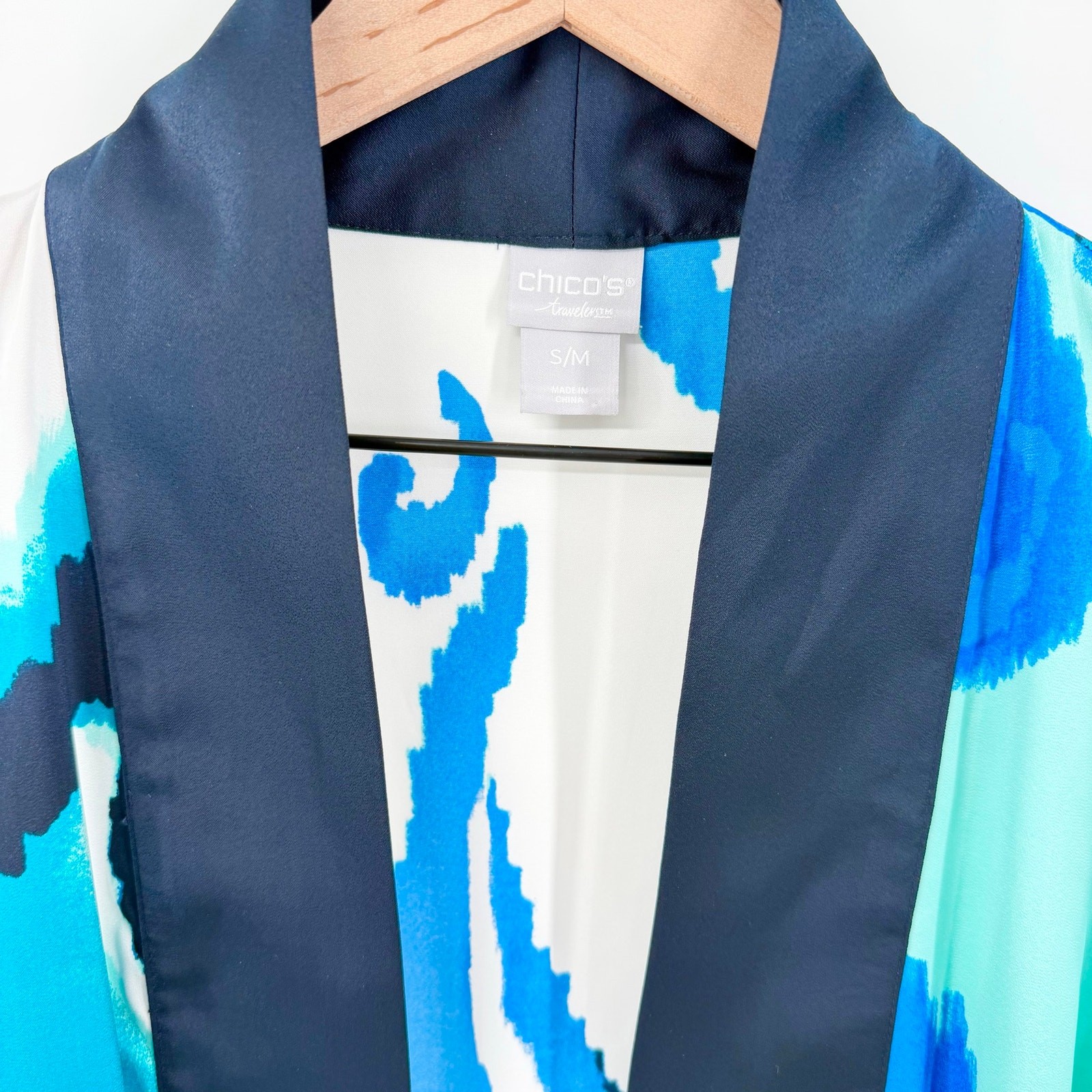 Chico’s Travelers Blue Abstract Open Front Kimono Jacket S/M Lightweight