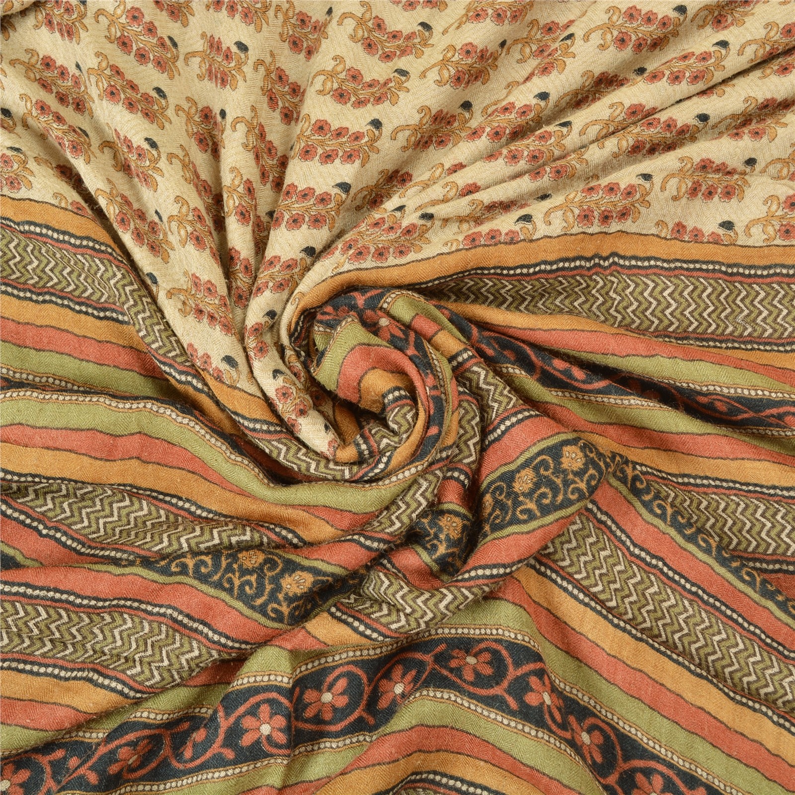 Sanskriti Vintage Ivory/Black Sarees 100% Pure Woolen Fabric Printed Woven Sari