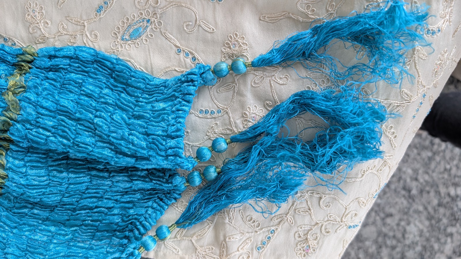 Men’s Cotton Chikankari Kurta/Hand Embroidered Cream Color Blue Embroidery/Scarf