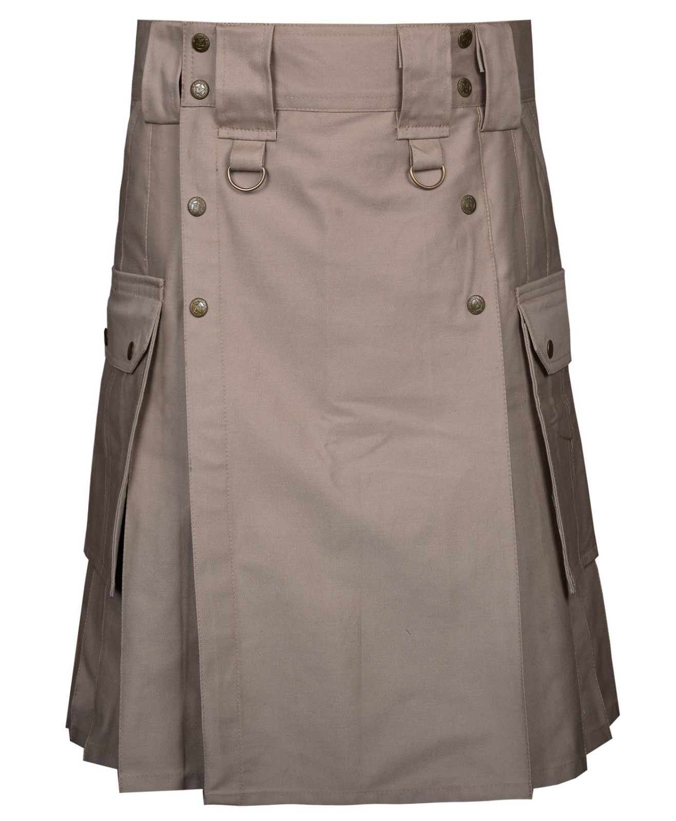 Men’s Beige Cotton Utility Kilt Tactical Cargo Pockets Heavy Duty Custom Size