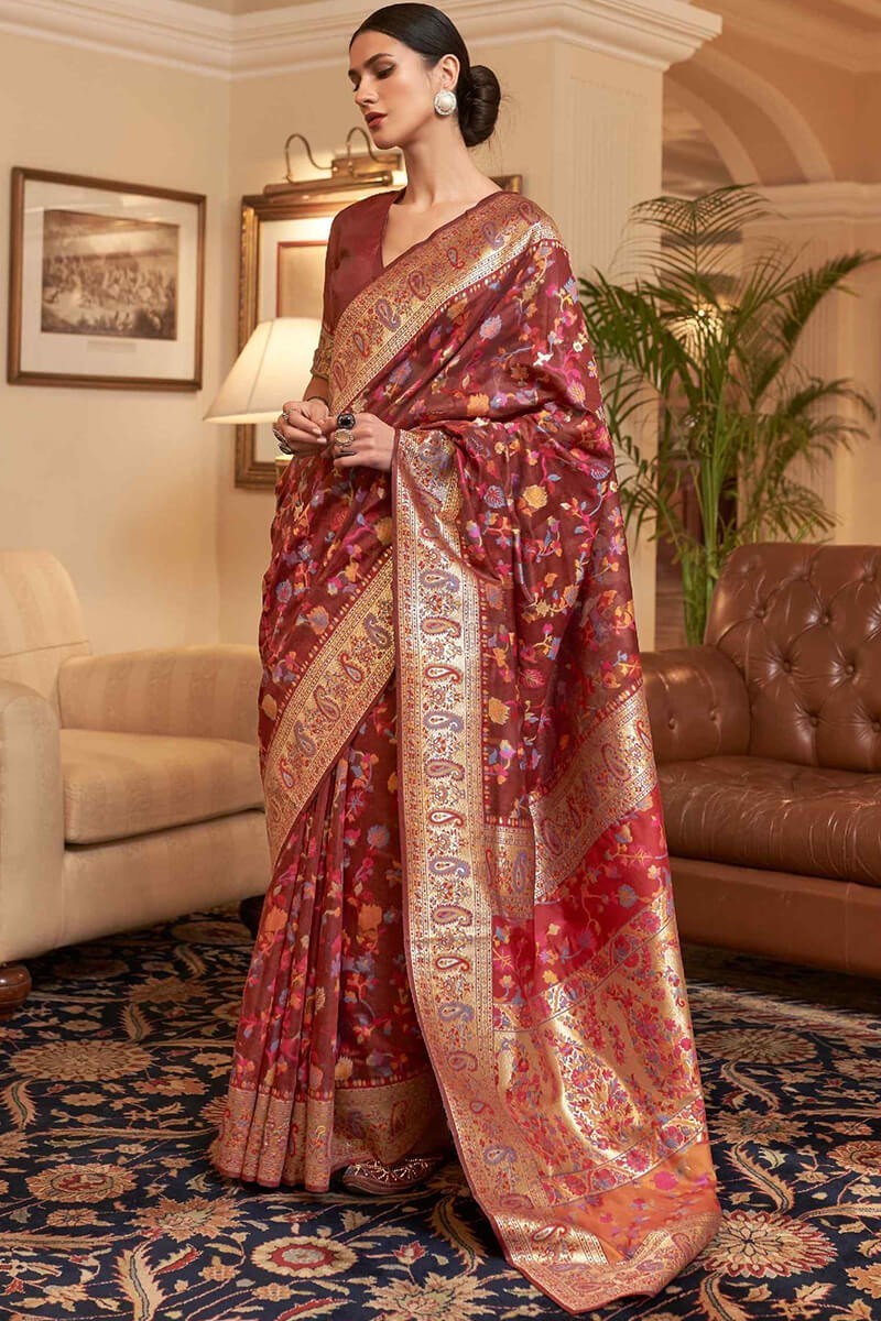 Women’s Premium Maroon Kashmiri Pashmina Modal Silk Saree With Blouse Piece