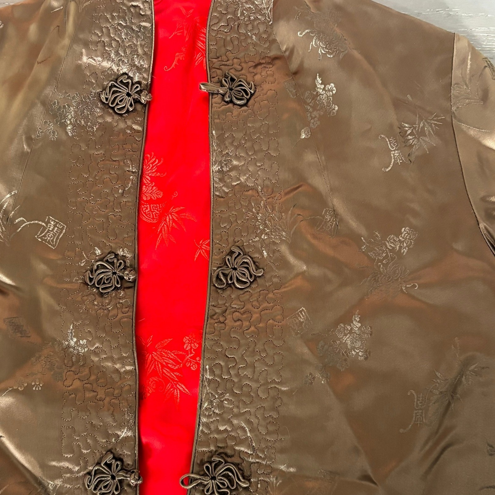 Vtg Peony Brand Satin Chinese Jacket Sz S Reversible Gold Bronze Red Shanghai