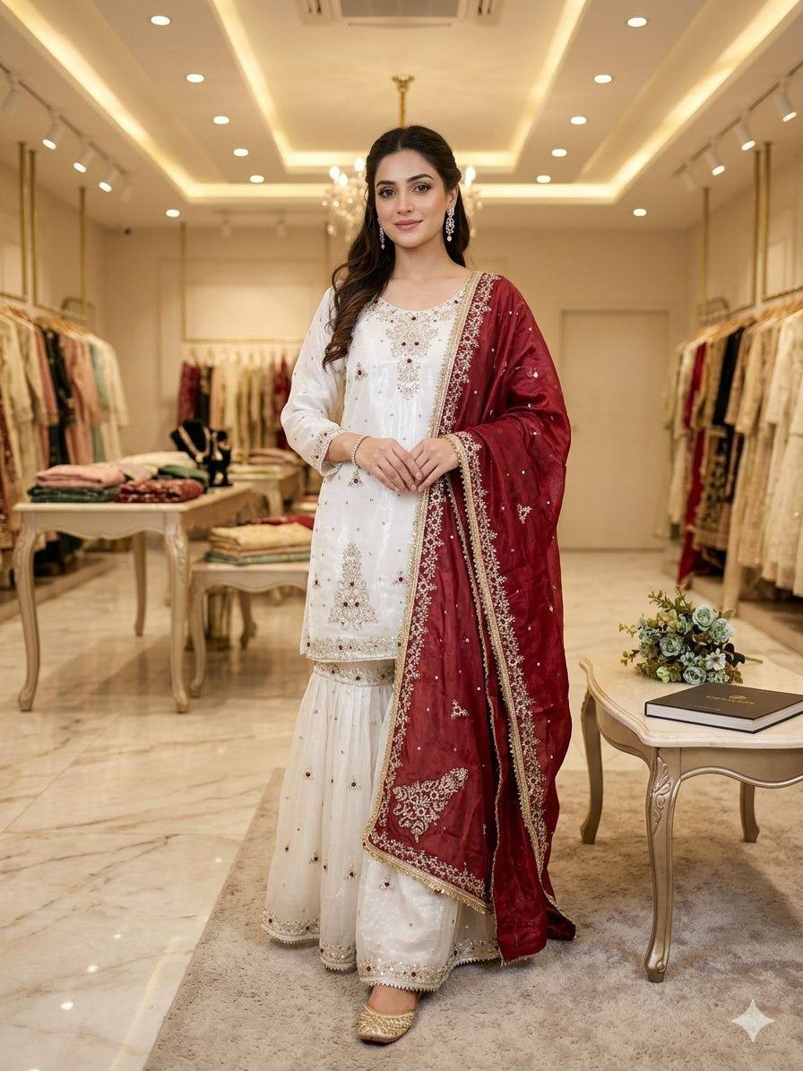 New Launch Silk White Top Palazzo With Maroon Dupatta For Reception Wear