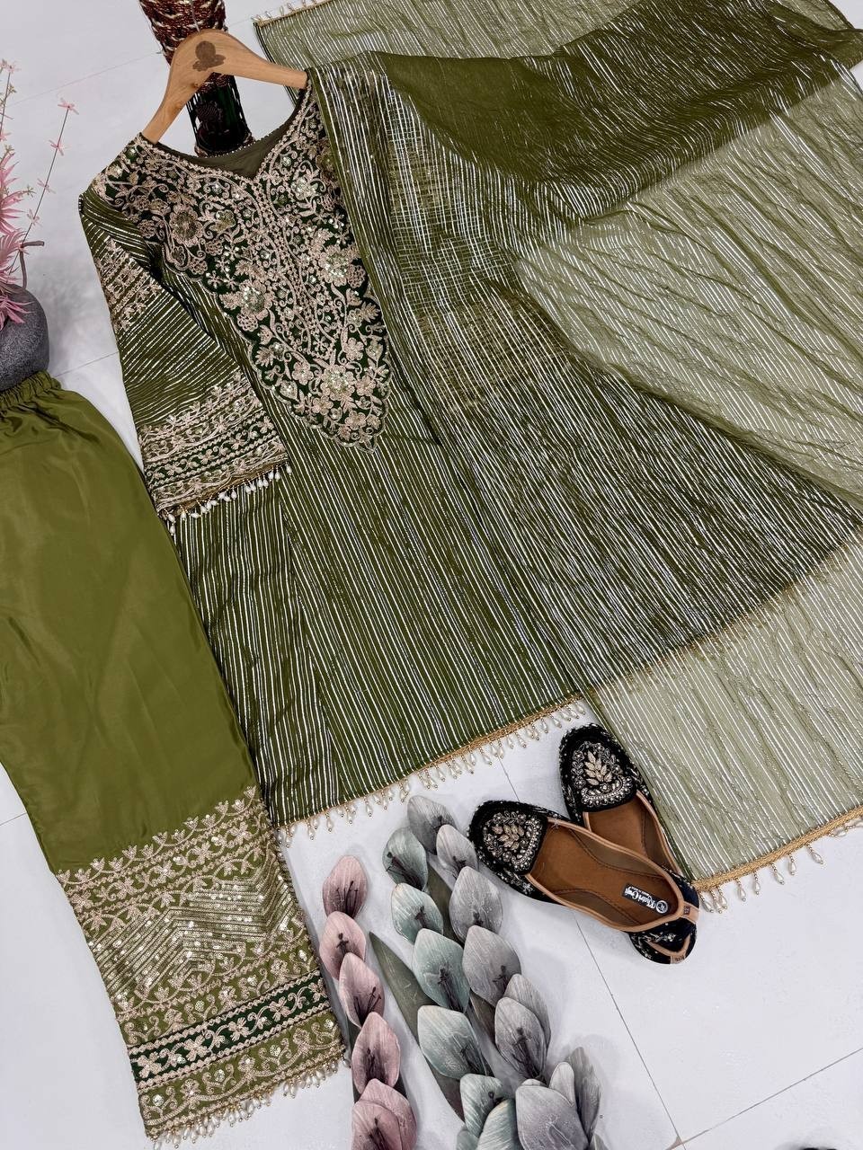 Bollywood Style Naylon Olive Green Salwar Kameez With Dupatta For Reception