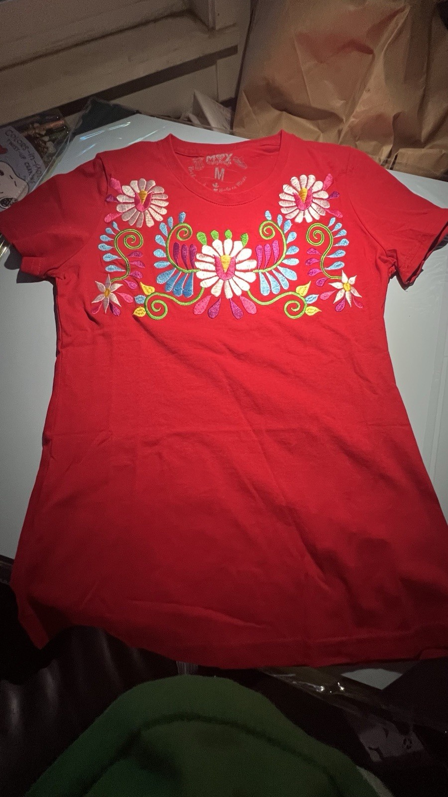MOY artesanal Mexican Cotton Red Embroidered blouse Size M Women