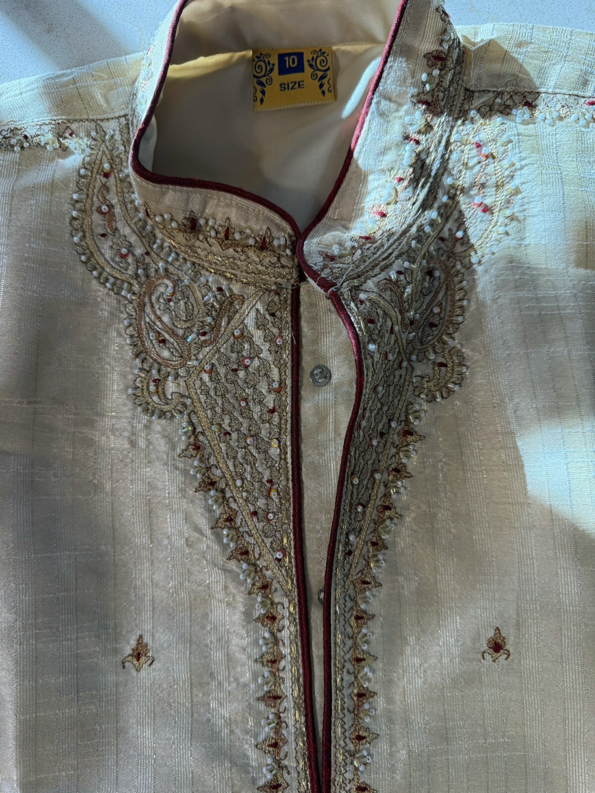 Woman’s Sherwani Beige Gold Maroon Threaded Beaded 10 Pants & Scarf