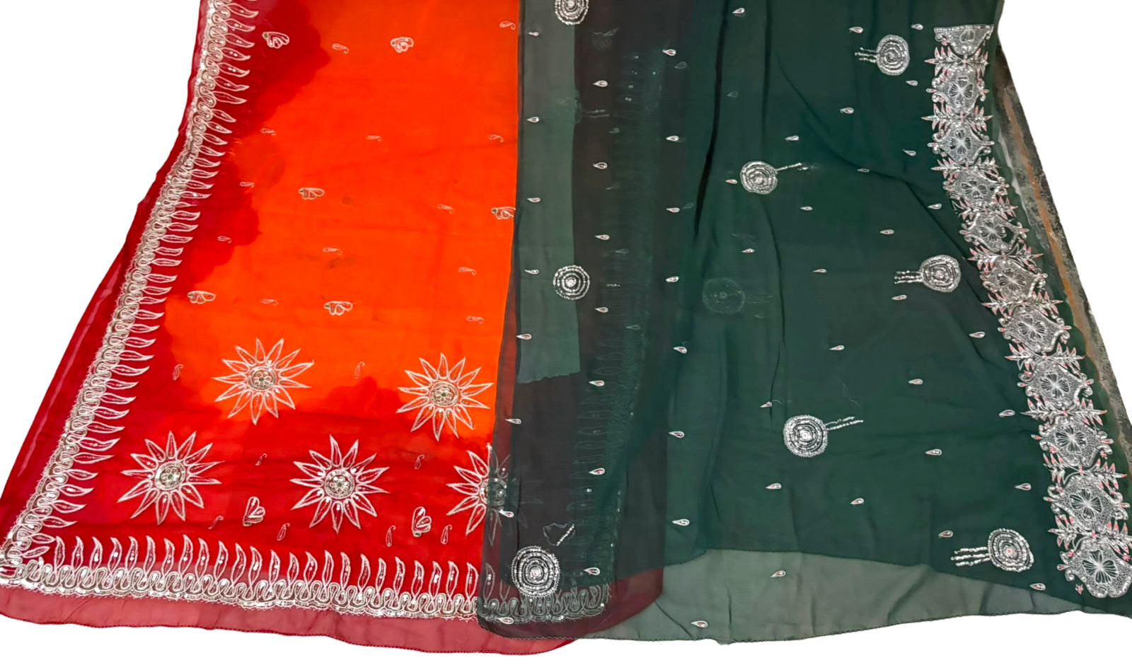 Indian Lot of 2 Saree Embroidered Sewing Green & Orange Sari Georgette Dress 5YD