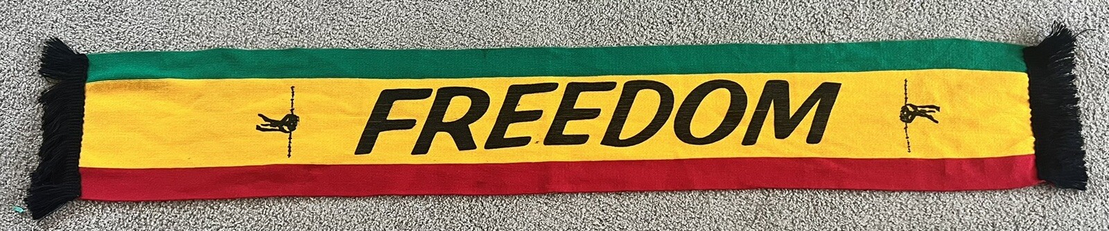 African Knit Scarf Ethiopia Sash Green Yellow Red “Freedom” Fist 7.5″ x 53″