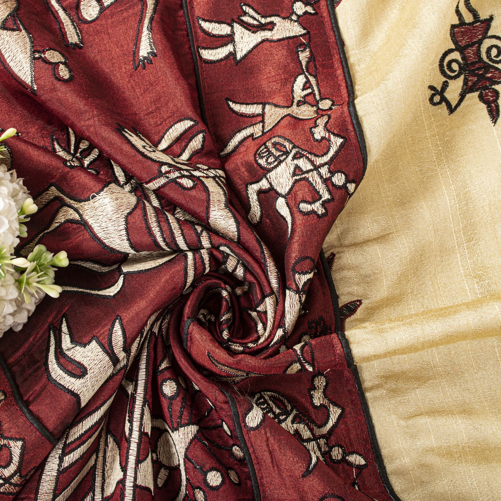 Sanskriti Vintage Cream-Red Saree Art Silk Embroidered Warli Art Sari Fabric