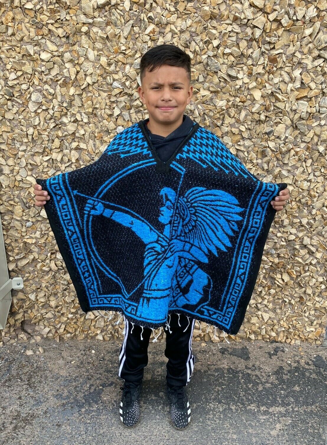 KIDS PONCHO, AZTECA ,COSTUME , BLANKET GABAN ,6-12 YEARS , NEW ,TURQUOISE BLACK