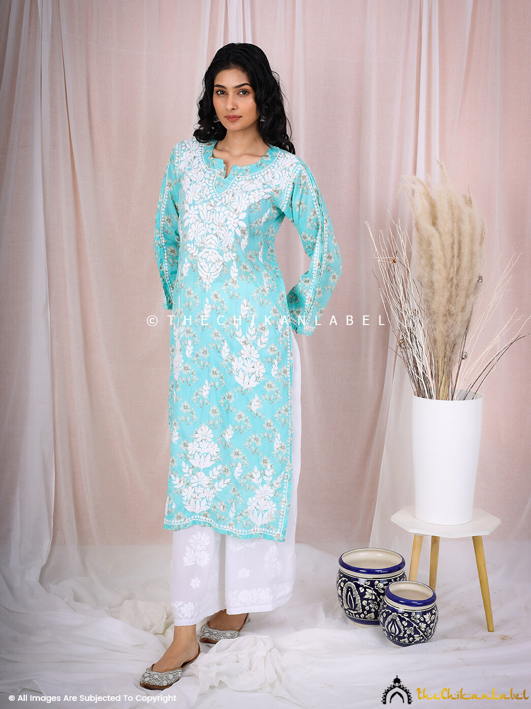 Blue Mulmul Chikankari Printed Straight Kurti Lucknow Chikan Handmade Kurta