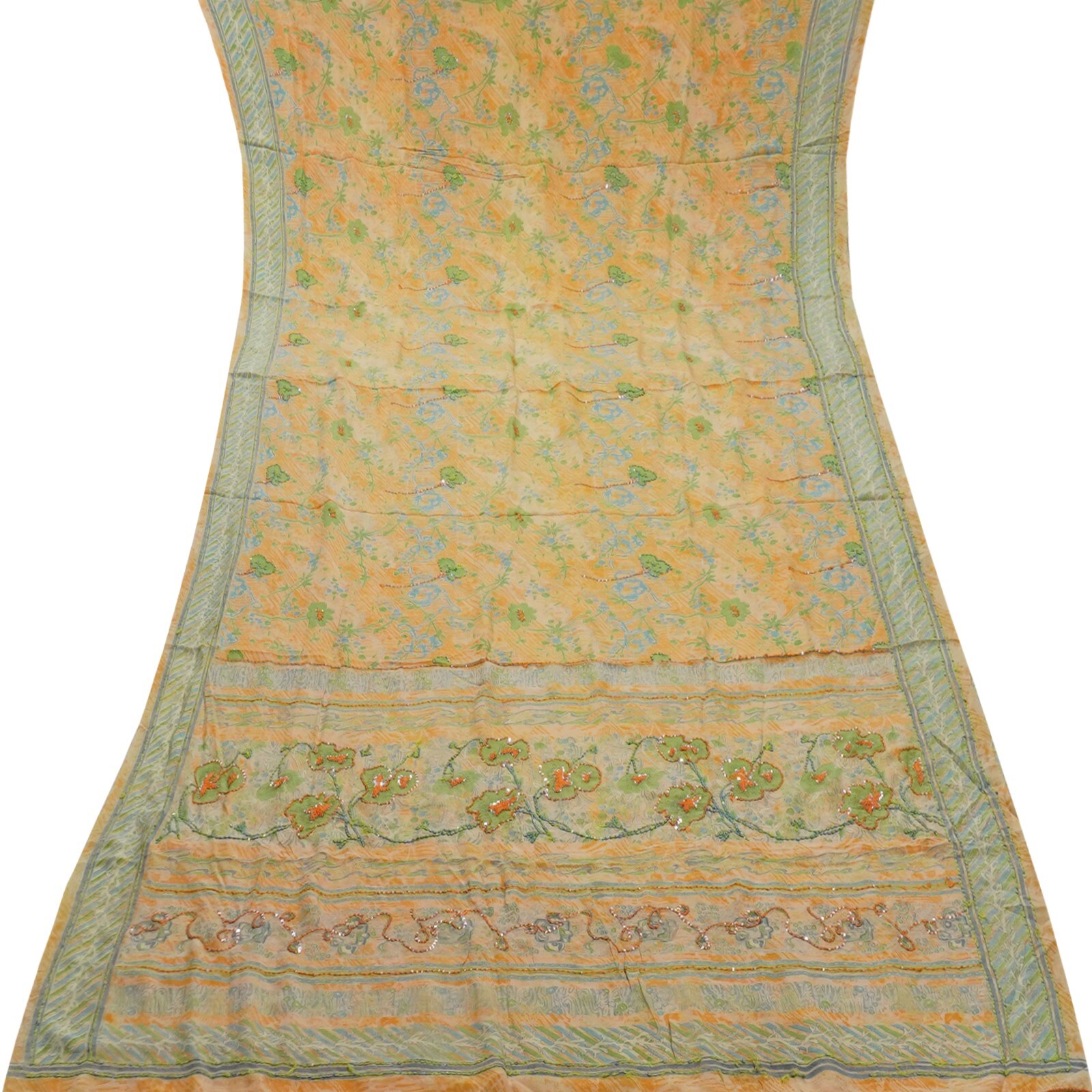 Vintage Pale Orange Sarees 100% Pure Crepe Silk Hand Embroidered Sari 5YD Fabric