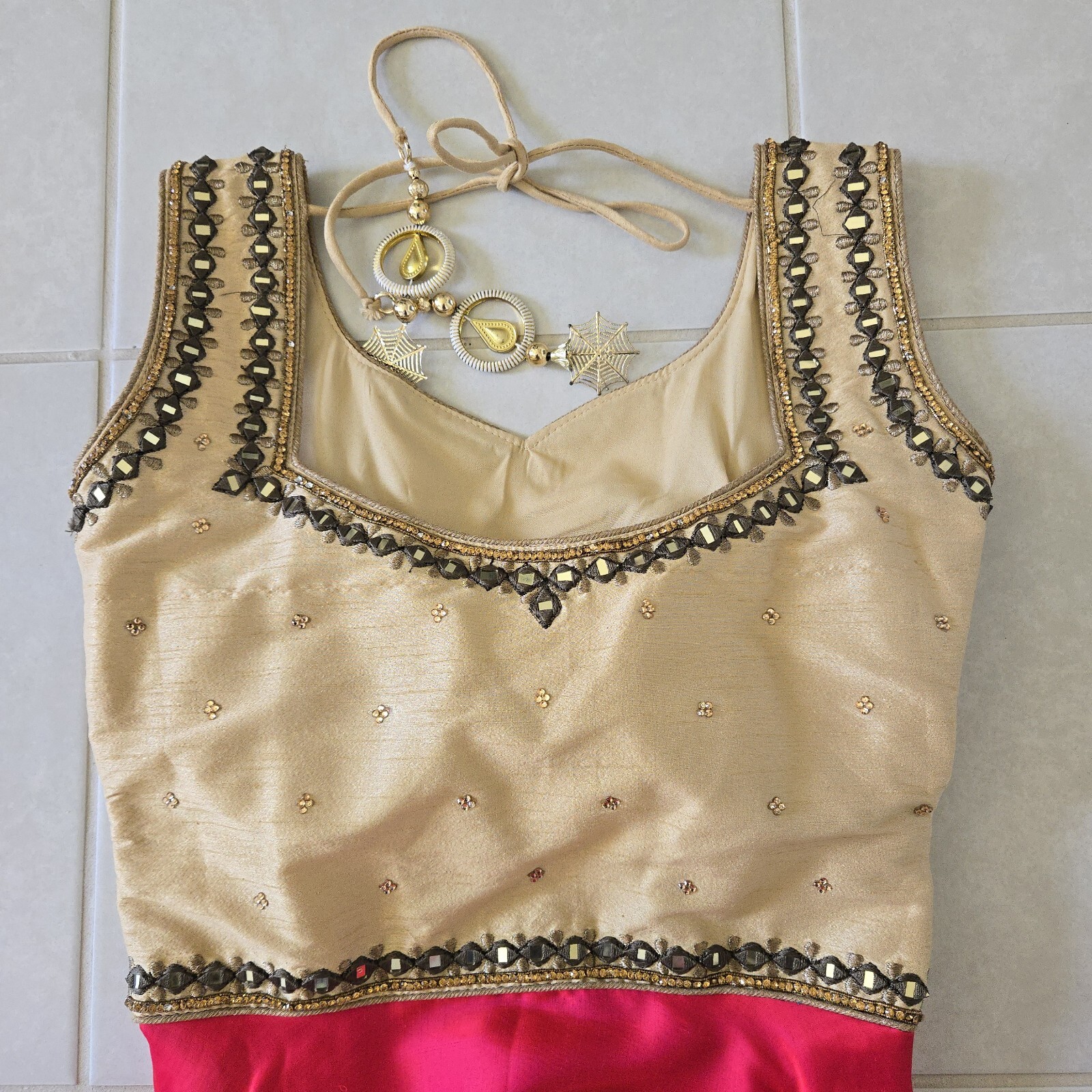 3 piece ruby red gold beige satin anarkali champagne mirror work size S small