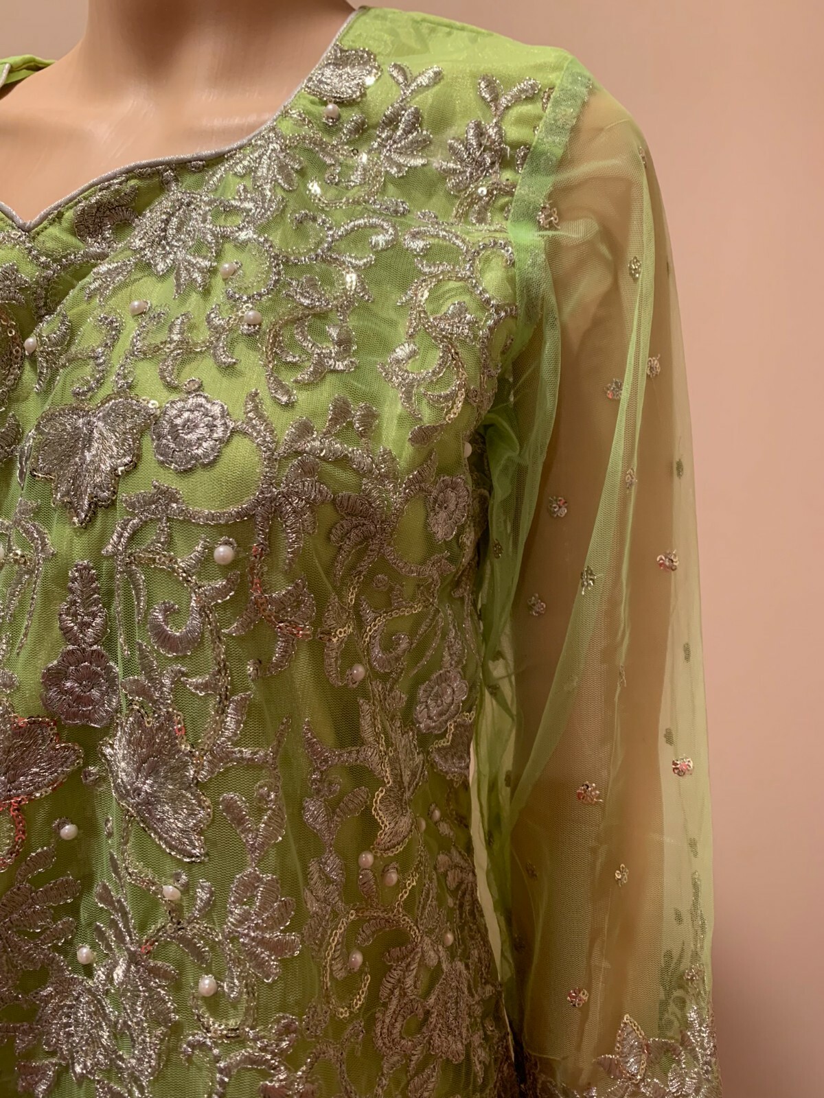 Soft Net Shirt with Embroidery, Beads and Pearls Shalwar Kameez Indian/Pakistani