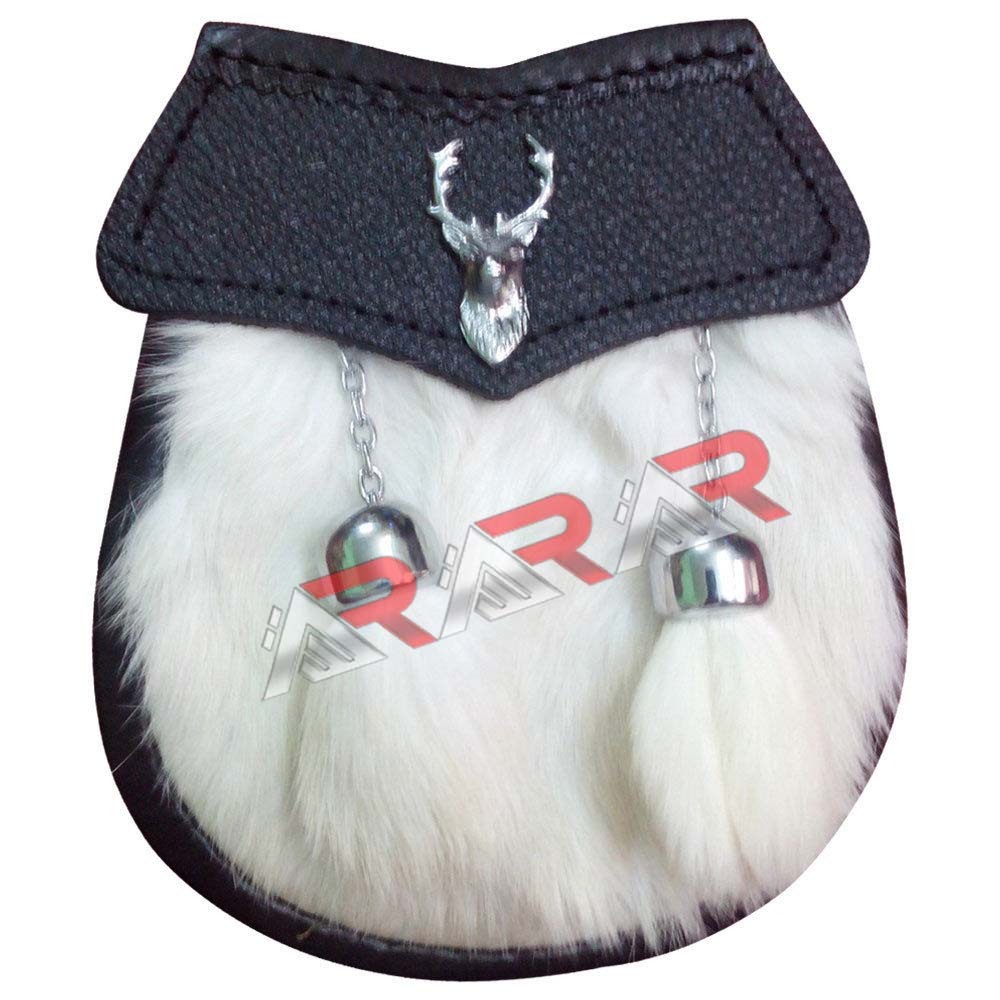 Boys Leather Fur Kilt Sporran Stag Head Scottish/Highland White Fur 2 Tassels
