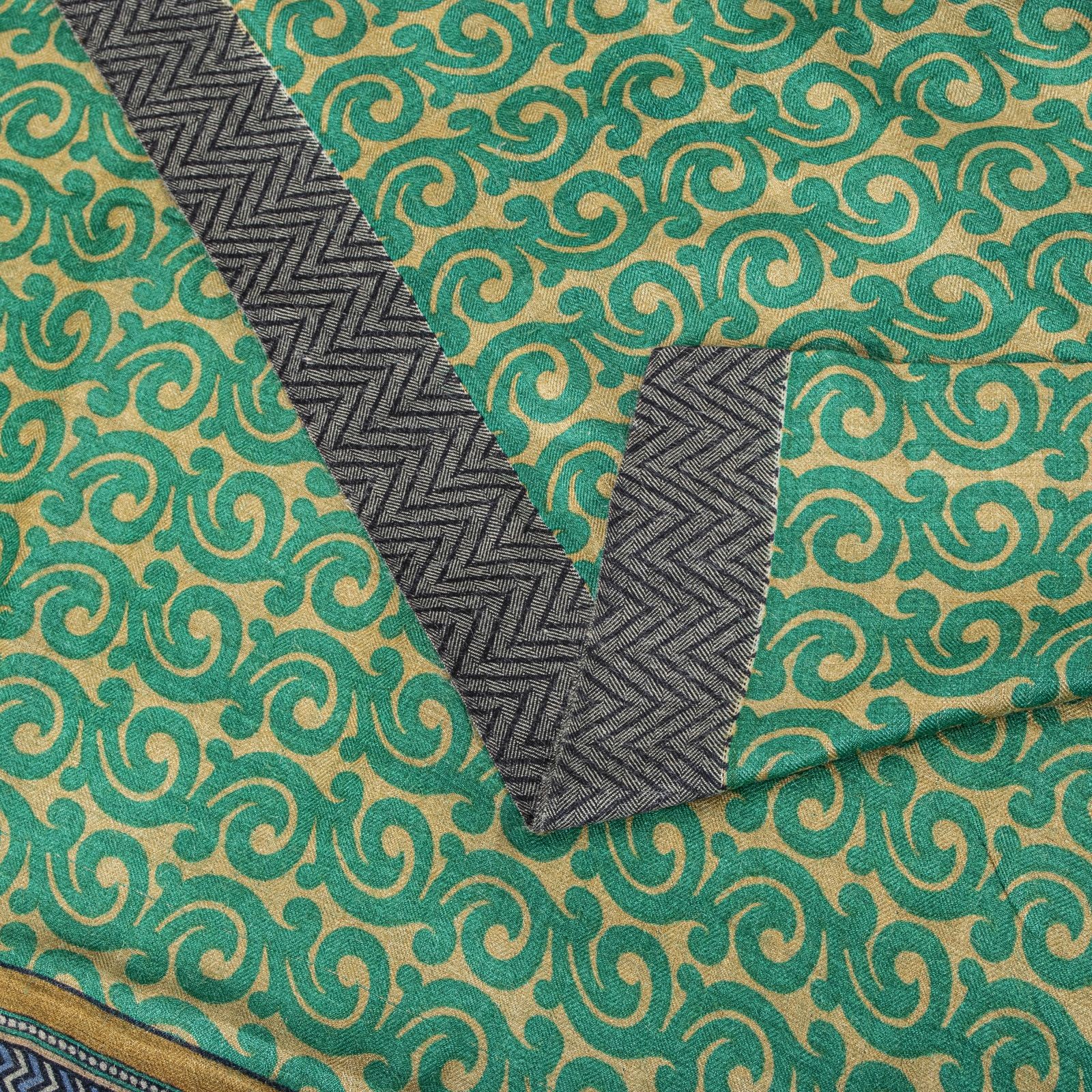 Sanskriti Vintage Green Pure Woolen Saree Spiral Print Sari Soft Craft 5Ydfabric