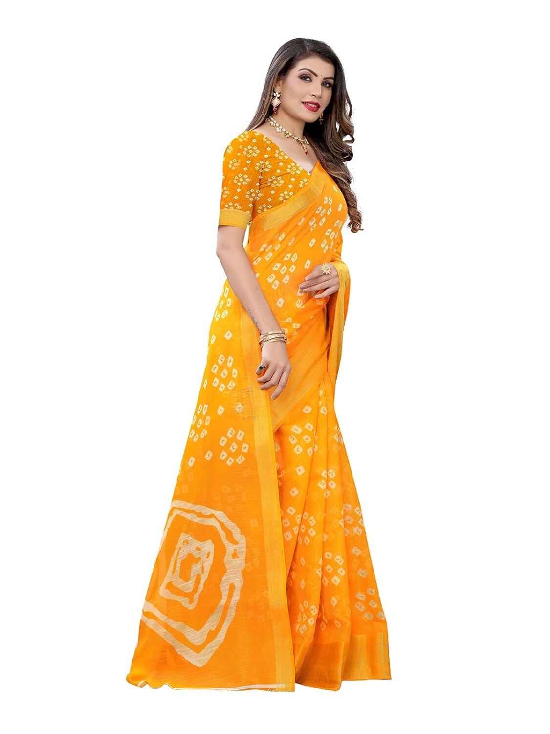 Women’s Bandhani Printed Jari Patta Cotton Saree with Blouse
