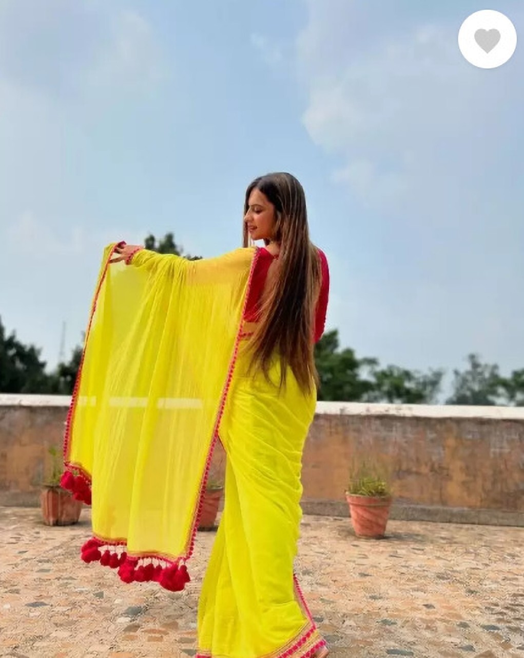 Printed Banarasi Georgette Saree (Yellow, Pink)