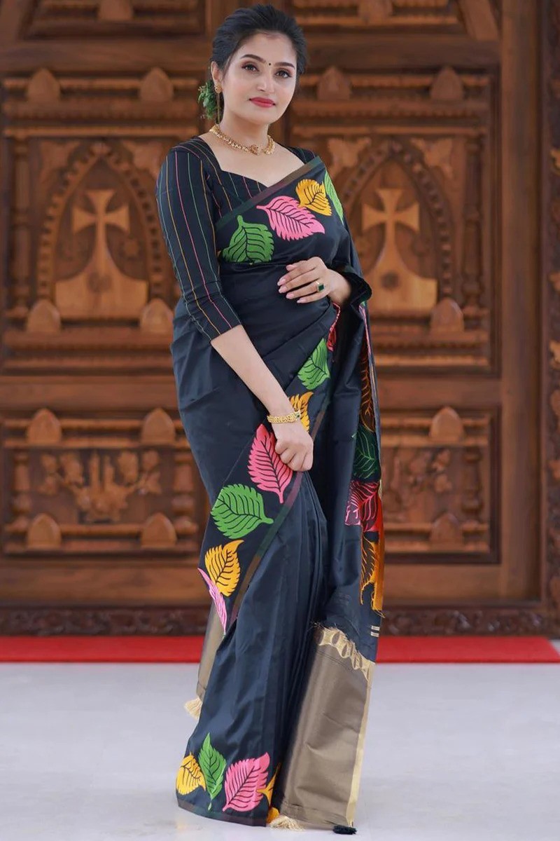 Women Banarasi Silk Saree Zari Leaf Jacquard Work Black Color With Blouse Piece