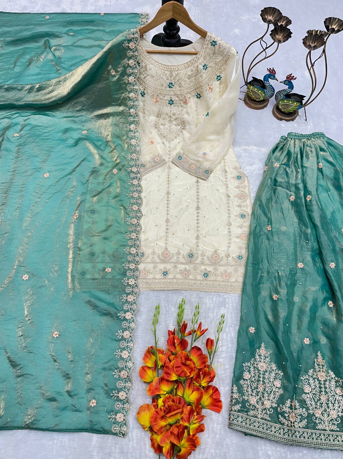 New Designer Silk Kurta Palazzo With dupatta For Wedding & Reception Wear