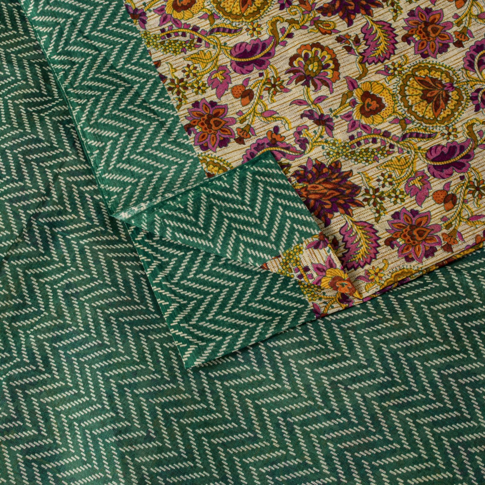 Sanskriti Vintage Saree Off-White-Green Pure Cotton Floral Print Sari 5+Yd Craft