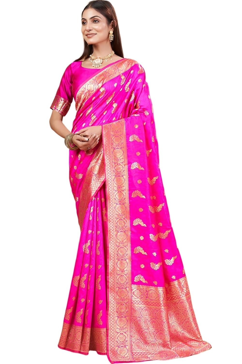 Banarasi Silk Saree Zari Weaving Rich Pallu Unstitched Blouse